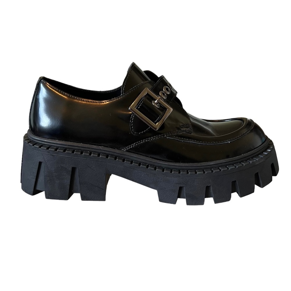 Steve Madden Henna Leather Buckle Lug Sole Platform Loafers, size 8/39, Black